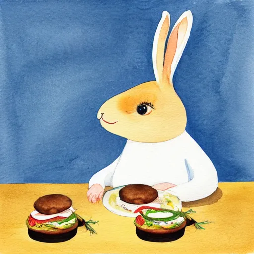 Prompt: a rabbit cooking a cheeseburger inside a small cozy kitchen, watercolour