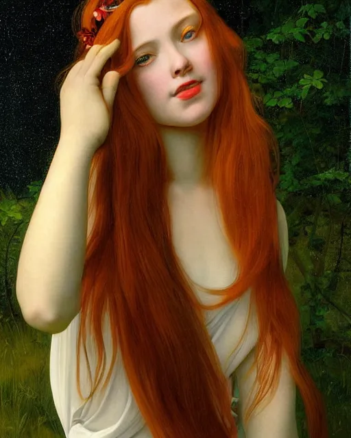 Image similar to a modern looking young woman, among the lights of golden fireflies and nature, long loose red hair, intricate details, green eyes, small nose with freckles, beatiful smiling face, golden ratio, high contrast, hyper realistic digital art by artemisia lomi gentileschi and caravaggio and artgerm.