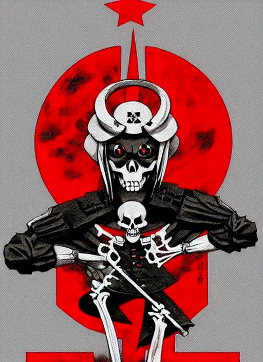 Image similar to shin megami tensei art of a demon that is a skeleton soviet!! soldier!! from 1 9 2 0 s wearing a budenovka!!! with a red star!!, art by kazuma kaneko, demonic! compedium!, law aligned, digital drawing, white background, very high quality, very highly detailed