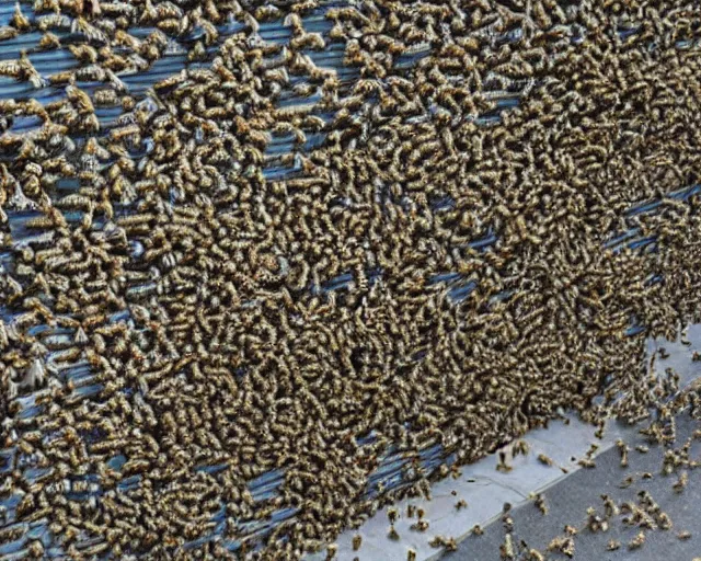 Prompt: swarm of bee's. infestation in the city. city dwellers run for their lives. terrorist attack.