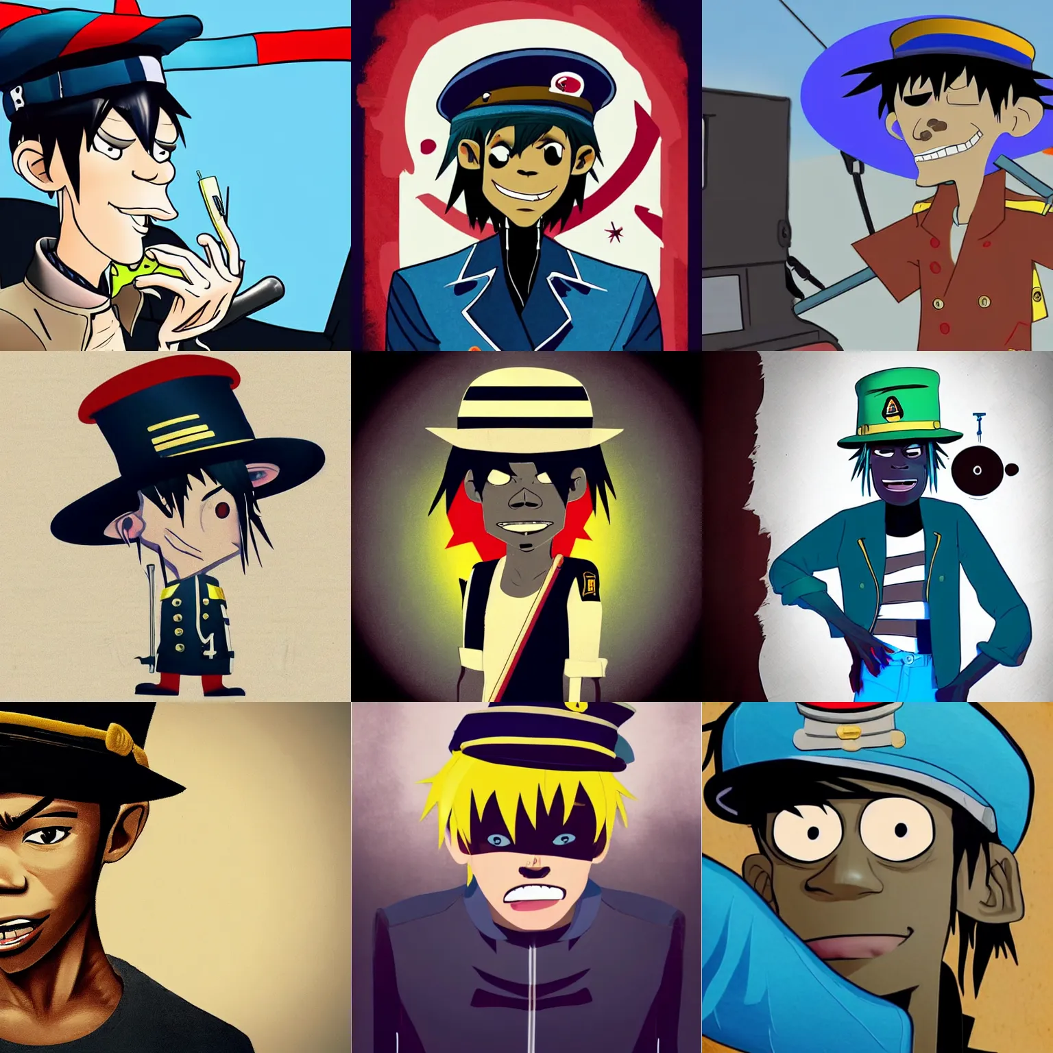Prompt: 2d from gorillaz wearing a captain's hat on a boat