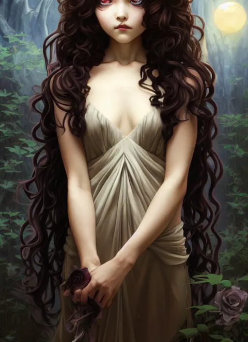 Prompt: young vampire girl, goddess of obsidian diamonds and black roses, with long curly, golden hair, perfectly proportioned face, brown eyes, sweet smile, strong jawline, natural lighting, path traced, highly detailed, high quality, cartoon, digital painting, by new haicheng studio ghibli and riccardo federici and alphonse mucha