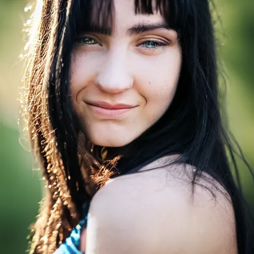 Image similar to young woman with long messy black hair, slightly smiling, 1 3 5 mm nikon portrait