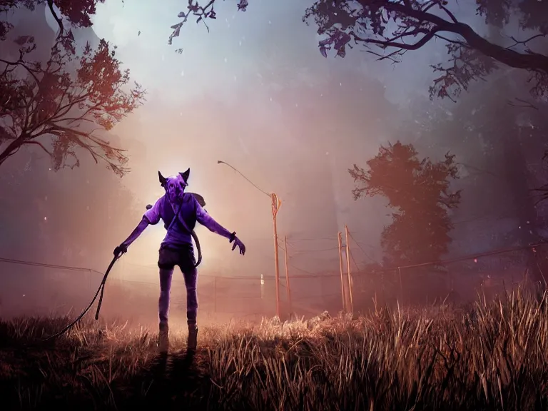 Image similar to purple haired man with cat ears, blue hoodie, facing away from camera in dead by daylight with hook, moody lighting