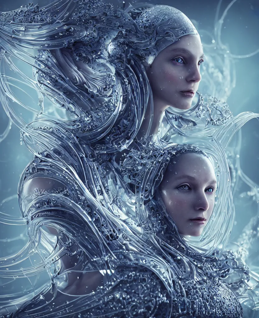 Image similar to epic medieval futuristic close-up macro portrait of the face of a beautiful princess, epic angle and pose, symmetrical artwork, 3d with depth of field, blurred background, cybernetic jellyfish female face skull phoenix bird, translucent, nautilus, energy flows of water and fire. a highly detailed epic cinematic concept art CG render. made in Maya, Blender and Photoshop, octane render, excellent composition, cinematic dystopian brutalist atmosphere, dynamic dramatic cinematic lighting, aesthetic, very inspirational, arthouse. y Greg Rutkowski, Ilya Kuvshinov, WLOP, Stanley Artgerm Lau, Ruan Jia and Fenghua Zhong