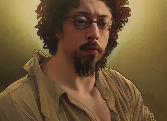 Image similar to Sam Hyde wearing luxuruous hawaiian vintage shirt, rule of thirds, accurately portrayed, portrait art by alphonse mucha and greg rutkowski, highly detailed, digital painting, concept art, illustration, ethereal lighting with twilight rays of sunlight, trending on artstation, very detailed, smooth, sharp focus, octane render, close up