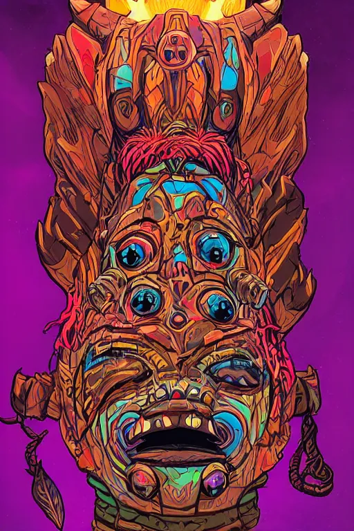 Image similar to totem animal tribal chaman vodoo mask feather gemstone plant wood rock video game illustration vivid color borderlands by josan gonzales and dan mumford radiating a glowing aura