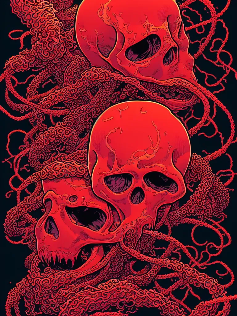 Prompt: a glowing red skull in the sea enveloped by jellyfish tendrils and black seaweed by josan gonzalez and dan mumford and laurie greasley and ross tran, highly detailed, high contrast