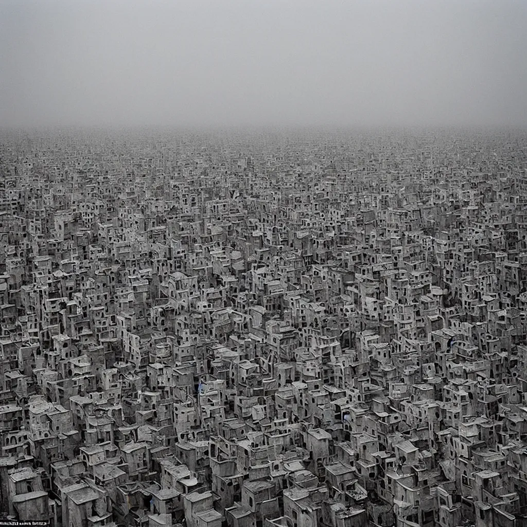 Image similar to towers made up of stacked makeshift squatter shacks with faded colours suspended over a quagmire, plain uniform sky at the back, misty, mamiya, ultra sharp, very detailed, photographed by alejandro jodorowsky