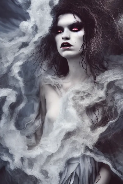 Image similar to photoshoot of chloe bailey as mysterious dark goddess of death, realism, clouds, swirling energy, torn fabric, elaborate ornate growth, gilded relief, volumetric lighting, light shafts, ambient light, trending on artstation, by alessio albi