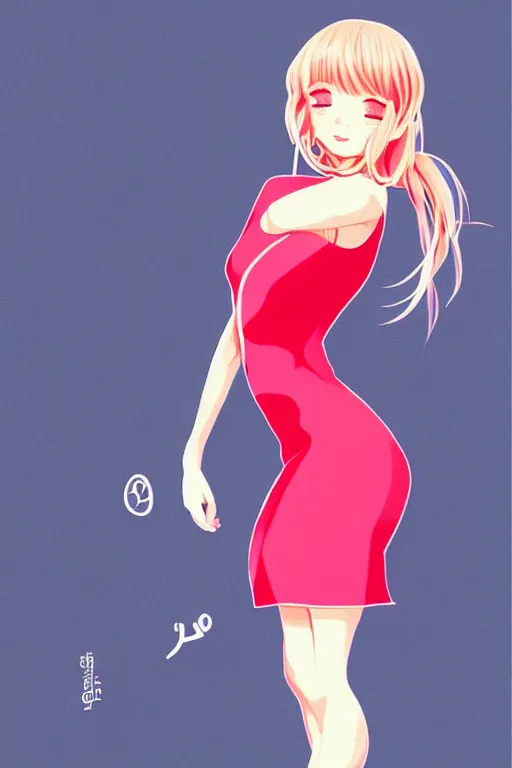 Image similar to full length illustration of very beautifully female looking like cute anime with amazing body figure, wearing tight dress, highly detailed face, pop art,