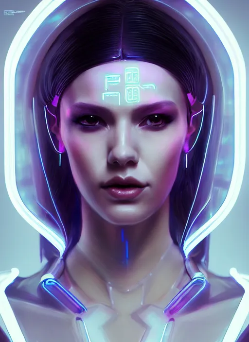 Image similar to portrait of female cyberpunk humanoid, transparent acrylic fashion wear, intricate, elegant, cyber neon lights, highly detailed, digital photography, artstation, glamor pose, concept art, smooth, sharp focus, art by artgerm and greg rutkowski