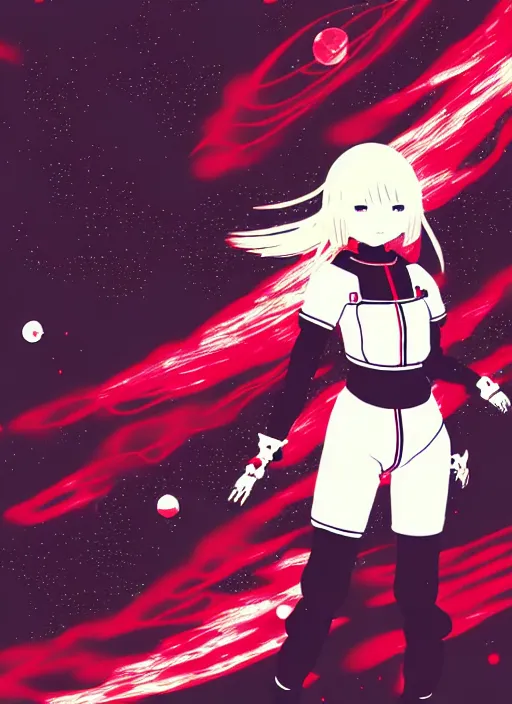 Prompt: Traditional Japanese Artwork of a hopeful pretty astronaut lady with a wavy blonde hair, 4k resolution, nier:automata inspired, bravely default inspired, vibrant but dreary but upflifting red, black and white color scheme!!! ((Space nebula background))