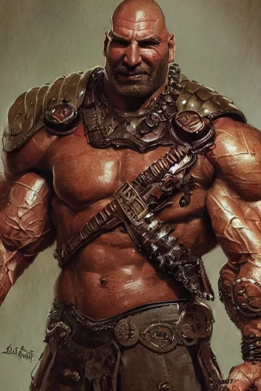 Image similar to ultra realistic illustration,, a hulking herculean dave bautista with leather armour, from doom and warhammer, intricate, elegant, highly detailed, digital painting, artstation, concept art, smooth, sharp focus, illustration, art by artgerm and greg rutkowski and alphonse mucha