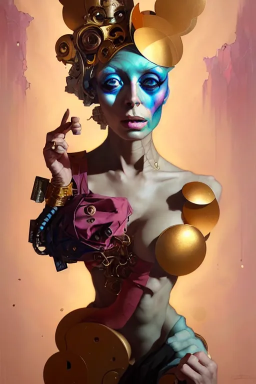 Image similar to portrait of isabelledeltore, patchwork doll, cyberpunk, elegant baroque, asymmetrical art, hyperrealism, colorful, vivid, imposing, epic, abstract texture, gold leaf texture, artstation, concept art, by peter mohrbacher and wlop and rhads and artgerm and magali villeneuve and alphonse mucha