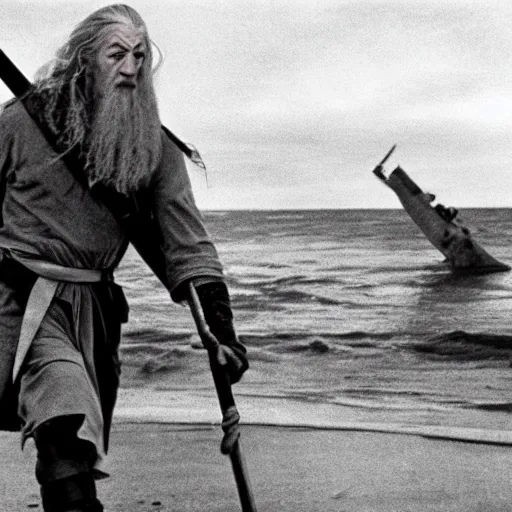 Image similar to film still of Gandalf storming Normandy beach, still from Saving Private Ryan