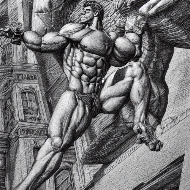 Prompt: highly detailed ballpoint pen illustration of a muscular gargoyle man standing on top of a building