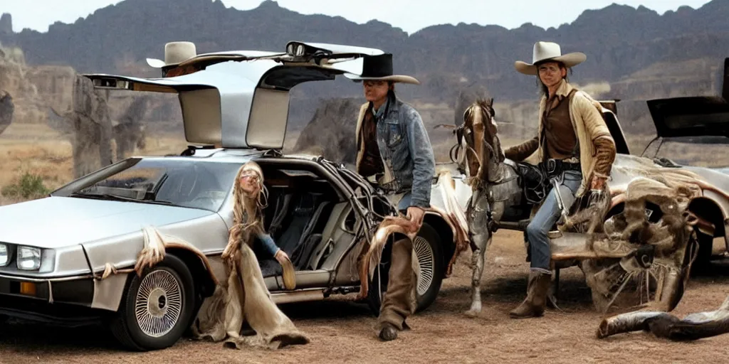 Image similar to a western movie once upon a time in the west with a delorean