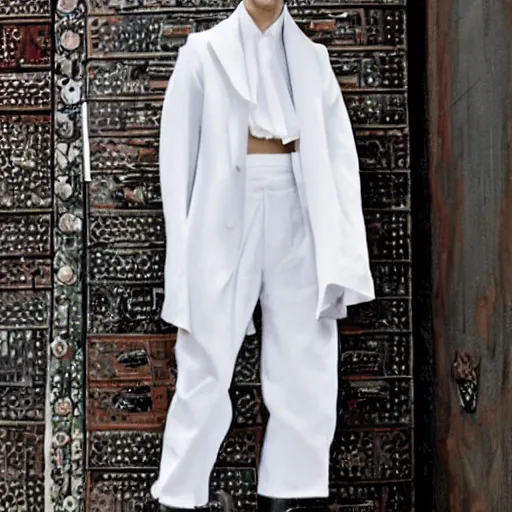 Image similar to kitsch fashion, androgynous people in white clothes, new age, vogue