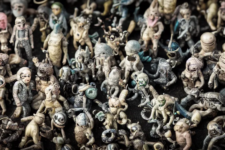 Image similar to miniature figurines of lovecraftian monsters, close up, detail, tilt shift, product photography