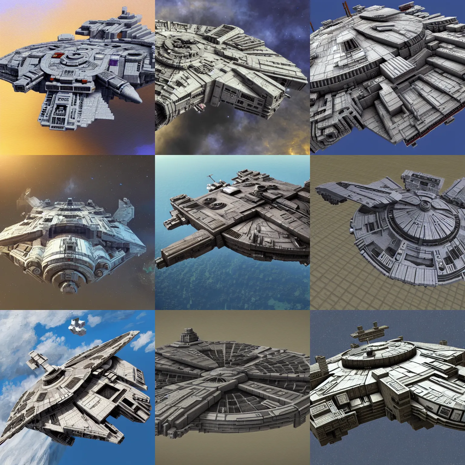 Prompt: Millenium Falcon in Minecraft, realistic painting, classical painting, high definition, digital art, matte painting, very detailed, realistic