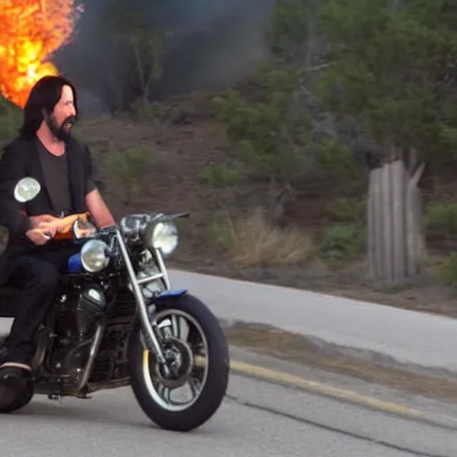 Image similar to Keanu reeves Riding a motorcycle Through Fire 4K detail