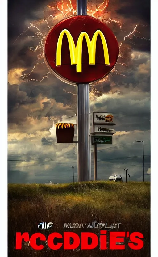 Prompt: beautiful epic poster of mcdonalds in an apocalypse. thunder, lightning, hd, hq. very detailed.