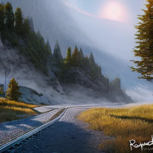 Image similar to hyperrealistic rairoad in the mountains, beautiful landscaape, misty, super detailed, trending on artstation, hyperdetailed, Unreal Engine 4k, 8k, ultra HD