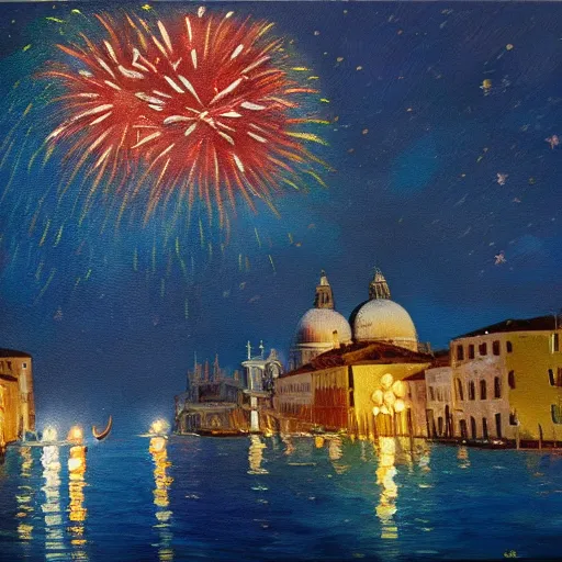 Image similar to an oil painting of couple kissing, in a background fireworks in venice