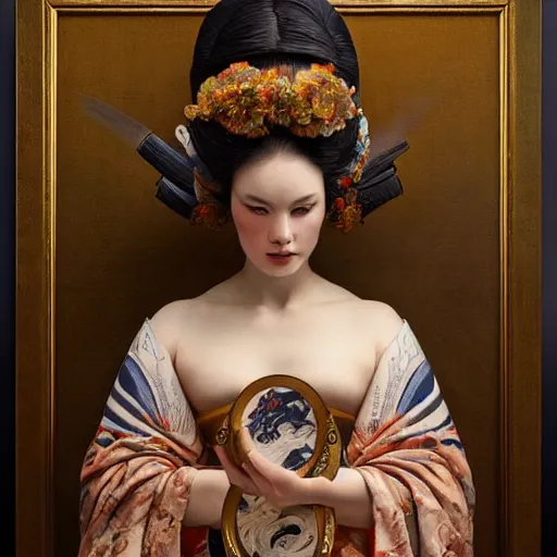 Image similar to highly detailed oil painting | very intricate | cinematic lighting | award - winning | the scandinavian viking geisha in an exquisite tribal kimono | by roberto ferri, by tom bagshaw, by j. c. leyendecker and klimt, beautiful cinematic light, american romanticism, by austin osman spare, artstation, cgsociety, official art, octane