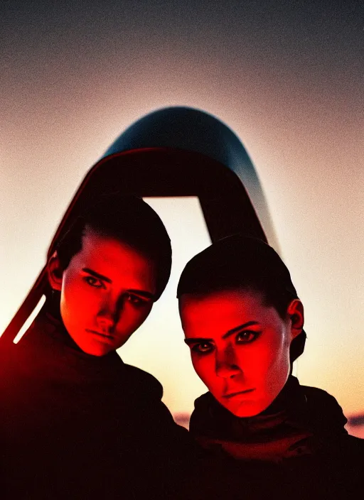 Image similar to cinestill 5 0 d photographic portrait of two loving female androids wearing rugged black techwear on a desolate plain with a red sky in front of a brutalist structure, extreme closeup, cyberpunk style, dust storm, 8 k, hd, high resolution, 3 5 mm, f / 3 2, ultra realistic faces, ex machina