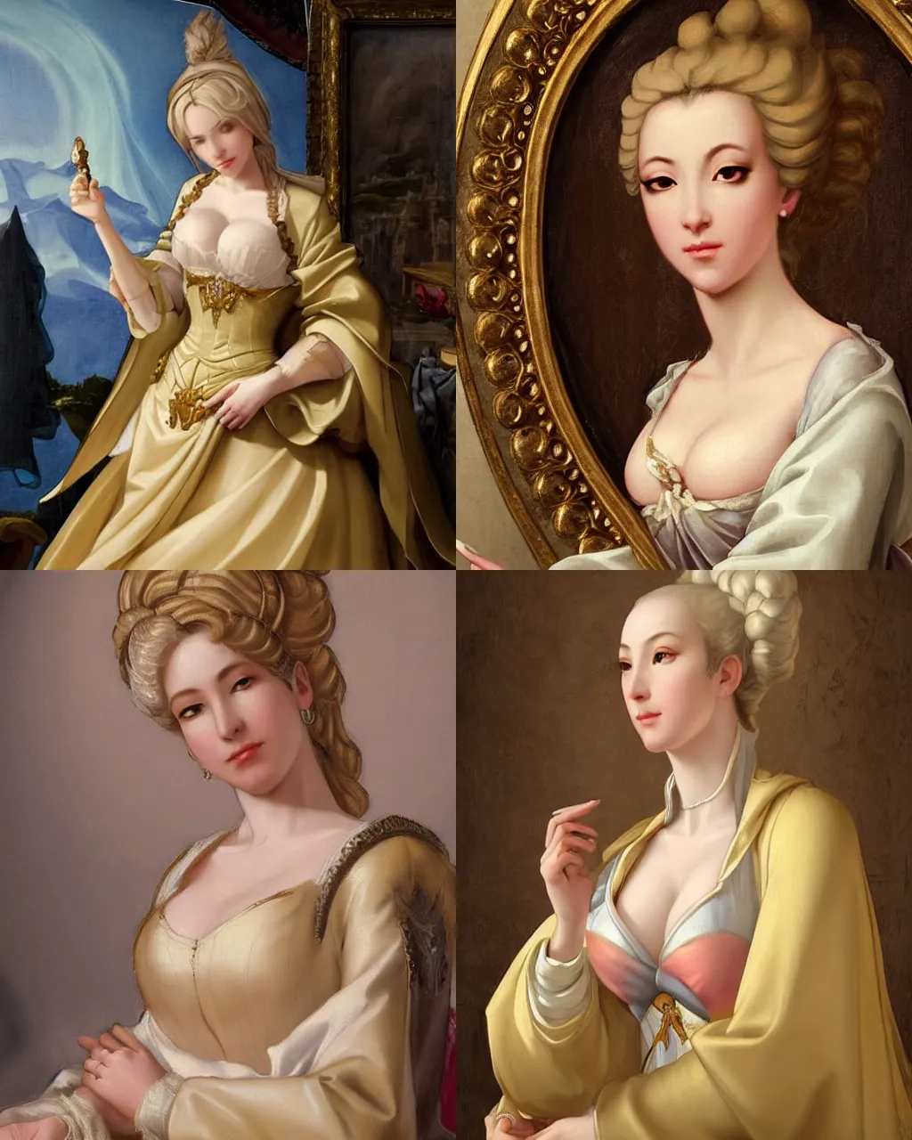 Prompt: Detailed Baroque painting of mercy from overwatch as an elegant noblewoman, beautiful silky dress, style of giotto and thomas kinkade, intricate, soft lighting, big bosomy physique |