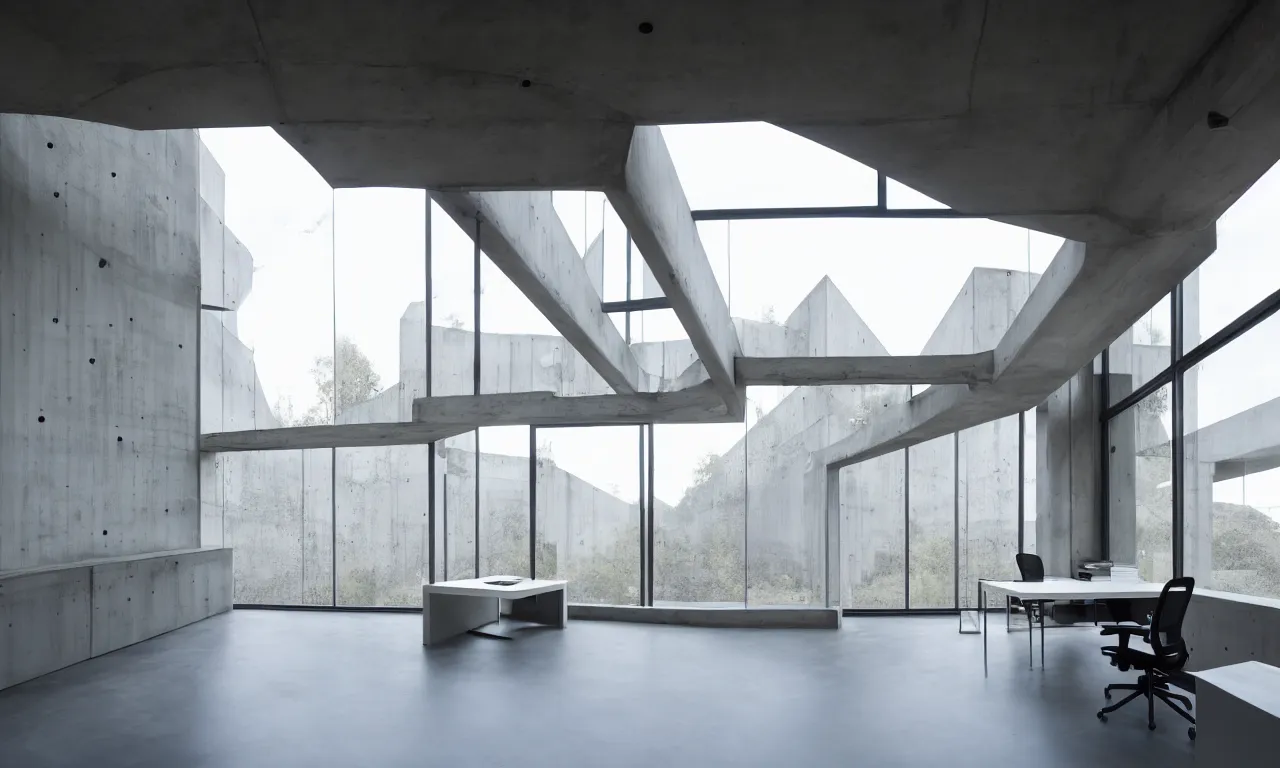 Prompt: inside of big modern designer's office, architecture, window, concrete, steel, glass