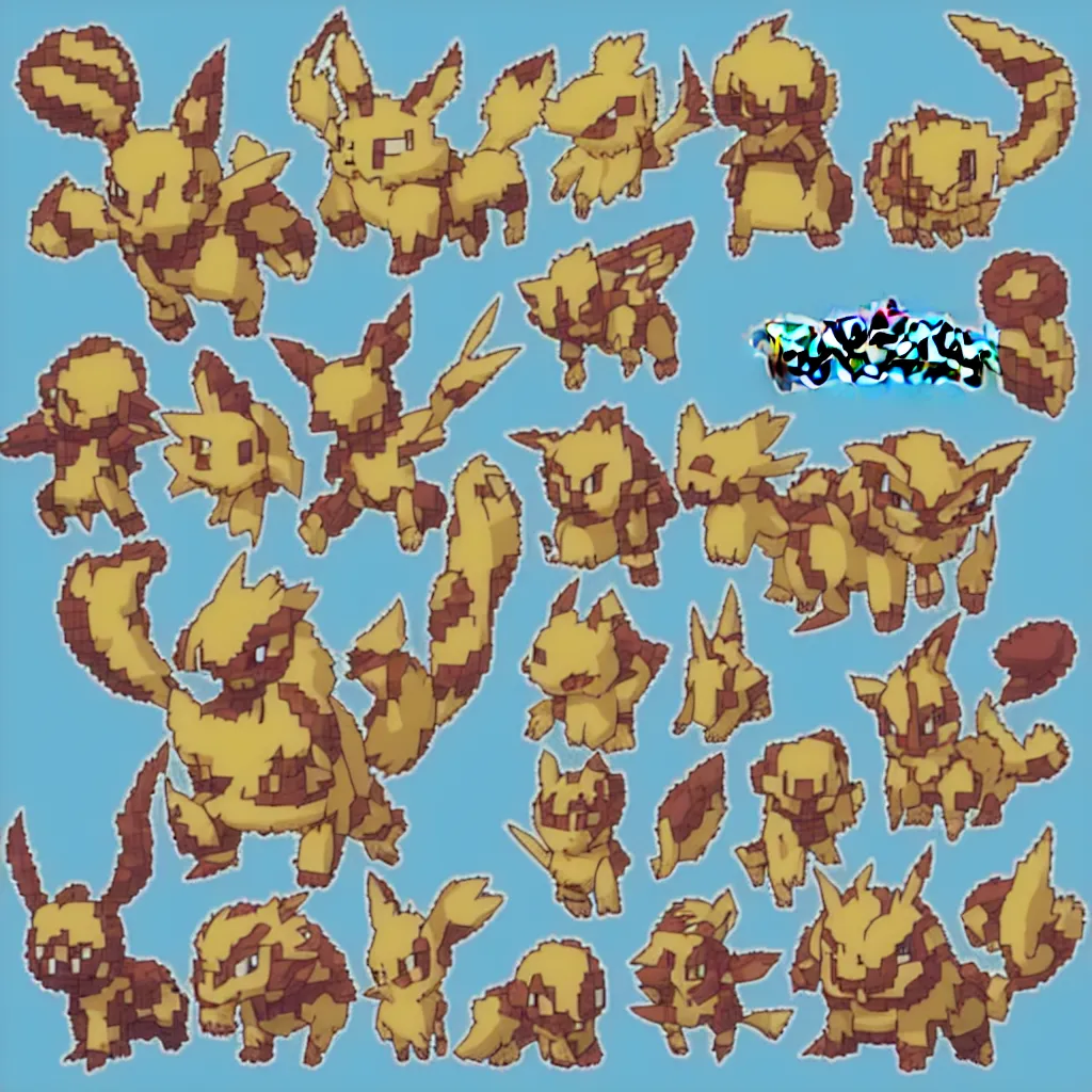 Image similar to pixelated pokemon monster inspired by ragnarok online, 1 2 8 bit, 1 0 0 0 x 1 0 0 0 pixel art, 4 k, super detailed, nintendo game, pixelart, high quality, no blur, sharp geometrical squares, concept pixelart