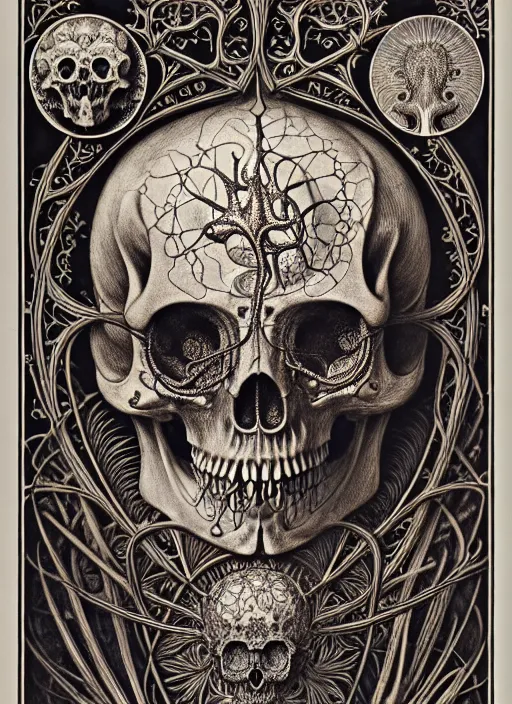 Image similar to art forms of nature by ernst haeckel, memento mori by arthur rackham, ornate antique porcelain beautiful skull mask, ultrasharp, photorealistic, hyperdetailed, octane render, polished, art nouveau, neo - gothic, gothic, intricate ornamental organic filigree, art nouveau botanicals, art forms of nature by ernst haeckel, horizontal symmetry, symbolist, visionary