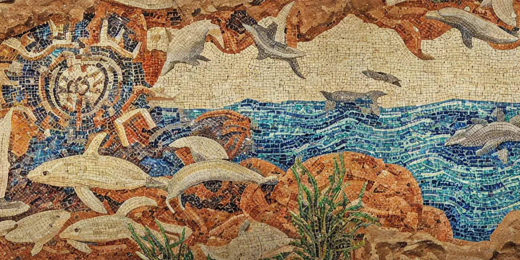 Prompt: roman mosaic on cave wall of sea with dolphins and starfishes, realistic, detailed