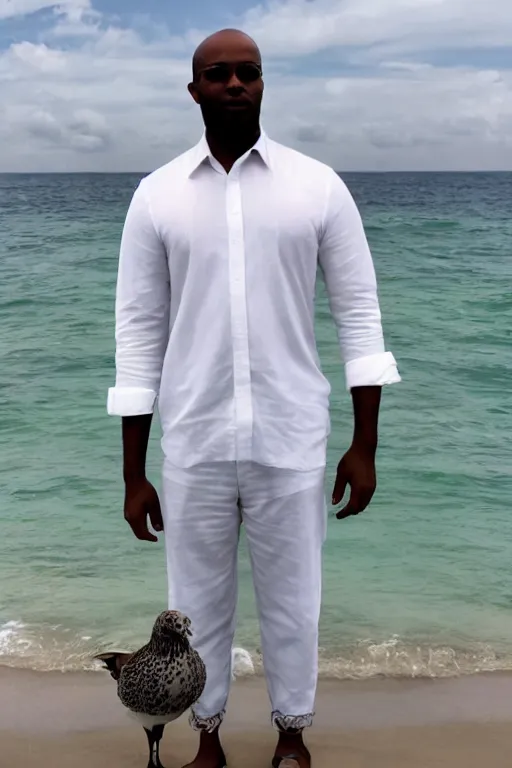 Image similar to a full - height photo of a black masculine man standing near an ocean, holding a white pigeon