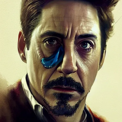 Image similar to hyper realistic portrait painting, beautifully rendered, robert downey jr. as luigi painted by greg rutkowski, wlop, artgerm, dishonored 2