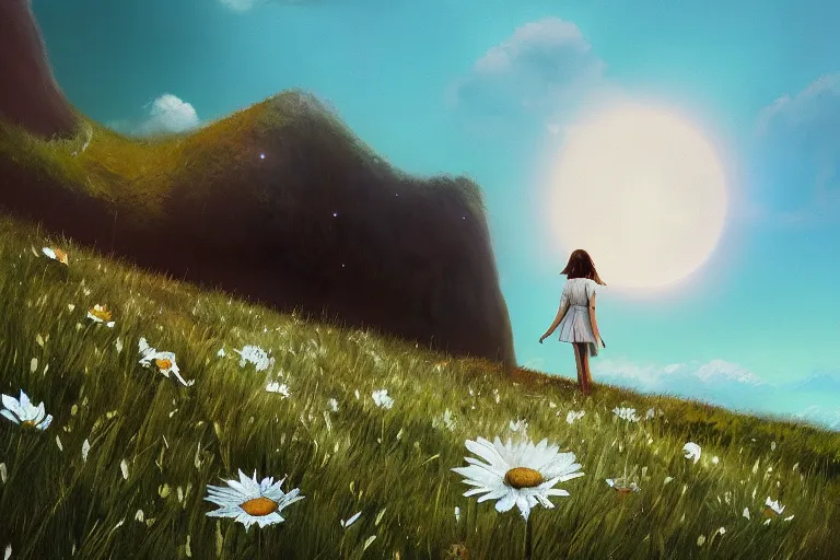 Image similar to giant white daisy flower head, girl walking on cliff, surreal photography, solar eclipse, milky way, dramatic light, impressionist painting, clouds, digital painting, artstation, simon stalenhag