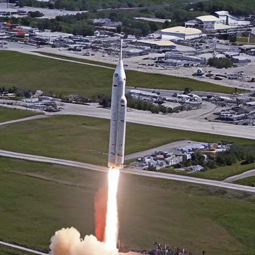 Image similar to nasa's new baguette rocket about to take off from a launch pad. the photo was taken slightly above a crowd of spectators looking at the baguette rocket and cheering on its launch