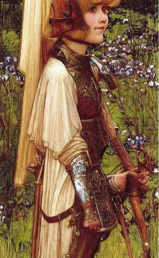 Prompt: young girl annasophia robb blond bowl haircut wearing medieval armour, waterhouse and mucha