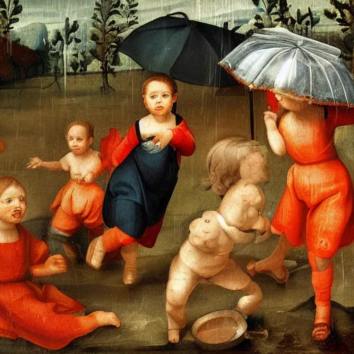 Image similar to children playing in heavy rain, painting, sharp, clear faces, highly detailed photo, style of high renaissance period