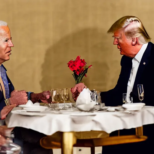 Image similar to donald Trump and joe Biden having dinner at a fancy Balinese restaurant, award winning photography, 85mm, perfect faces