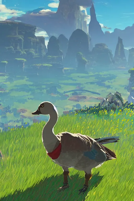 Prompt: in game footage of a goose from the legend of zelda breath of the wild, breath of the wild art style.