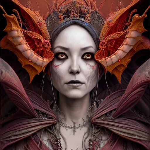 Image similar to a beautiful detailed 3d matte painting of female empress of the dead, by ellen jewett, tomasz alen kopera and Justin Gerard, symmetrical features, ominous, magical realism, texture, intricate, ornate, royally decorated, skull, skeleton, whirling smoke, embers, red adornements, red torn fabric, radiant colors, fantasy, trending on artstation, volumetric lighting, micro details, 3d sculpture, ray tracing, 8k