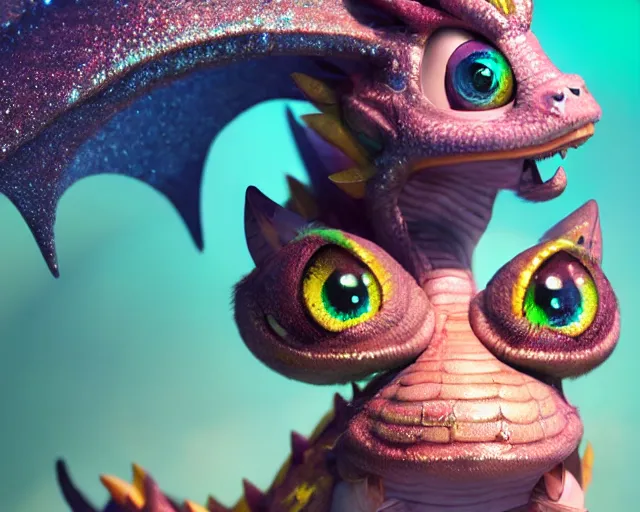 Image similar to character design of a cute dragon, big eyes, soft scale texture, pastel colours, shiny glitter crystals, cc ute, adorable, pixar animation style, detailed, soft light, octane render, 4 k,