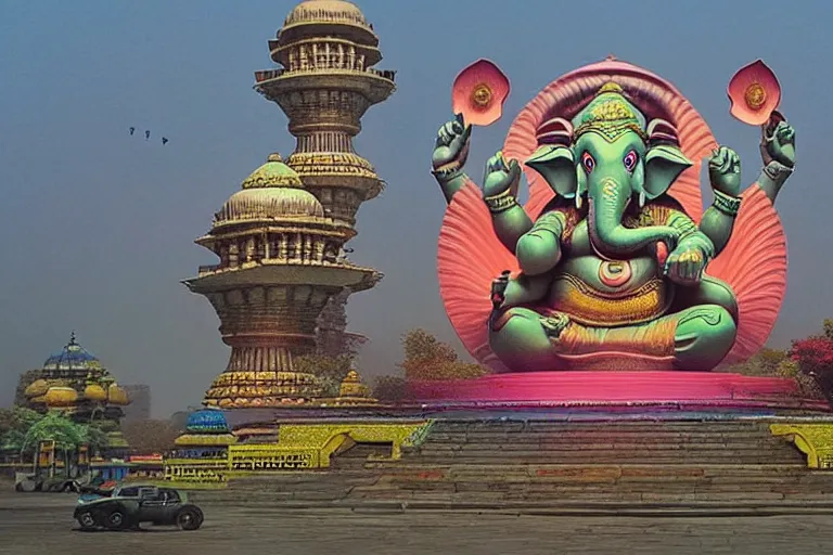 Image similar to beautiful futuristic new delhi, sharp sci - fi ganesha!! building, kalighat flowers, highly detailed cinematic, stephen shore & john j. park, soft morning light, wide shot, high angle, uhd 8 k, rack focus