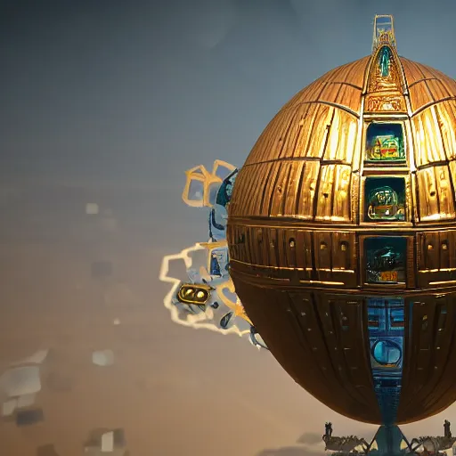 Image similar to enormous flying city in a faberge egg, sky!, steampunk, masterpiece, unreal engine