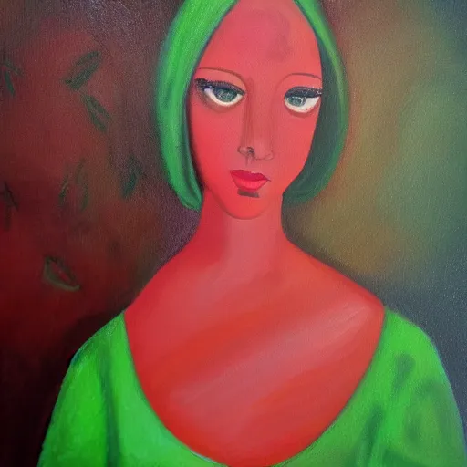 Prompt: ethereal woman in a green dress with a red sweater, painting by nicole susan