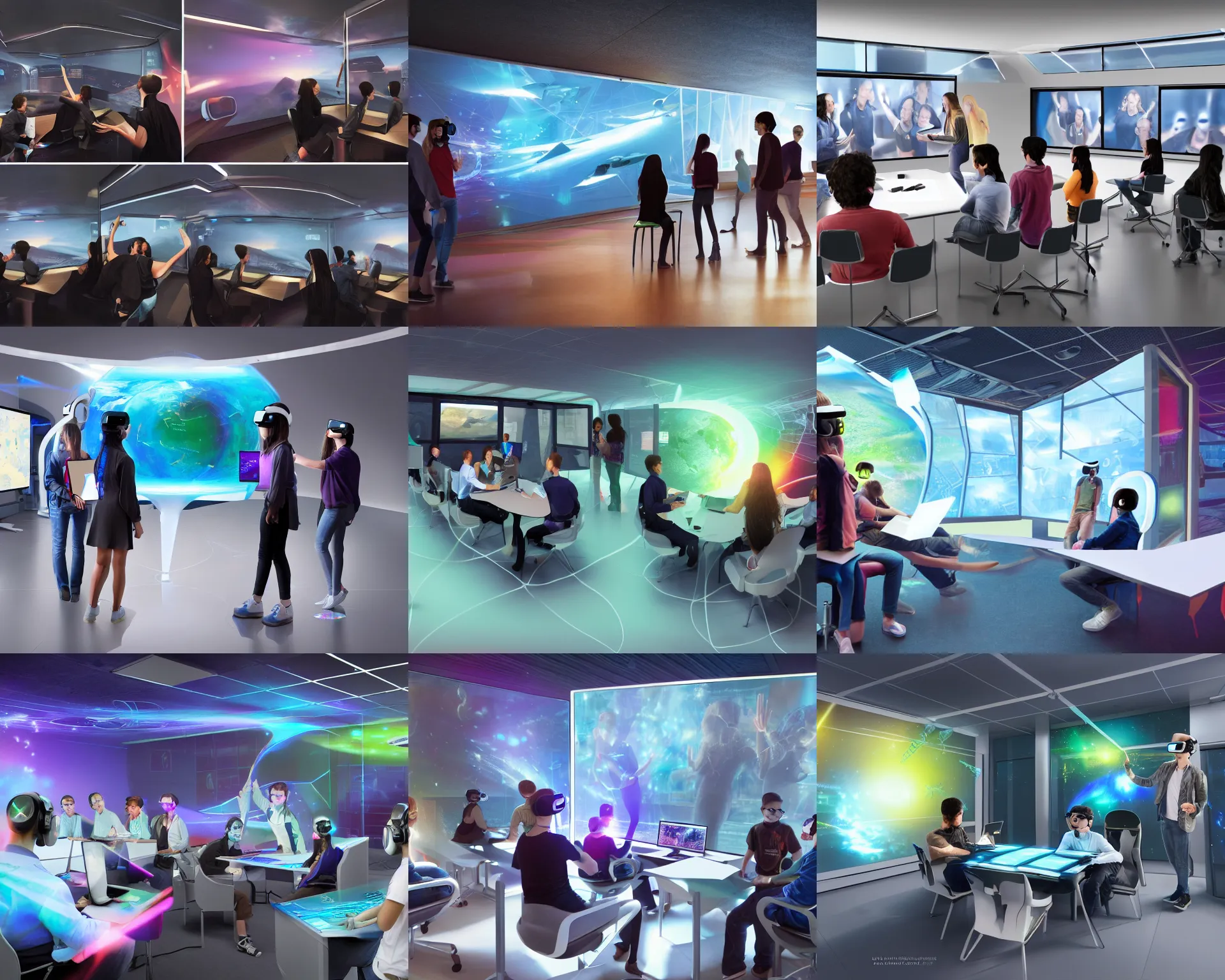 Prompt: realistic photograph of students in a futuristic classroom,holograph projector,virtual reality,interior design,photorealistic,digital concept art,HD,insanely detailed,8k